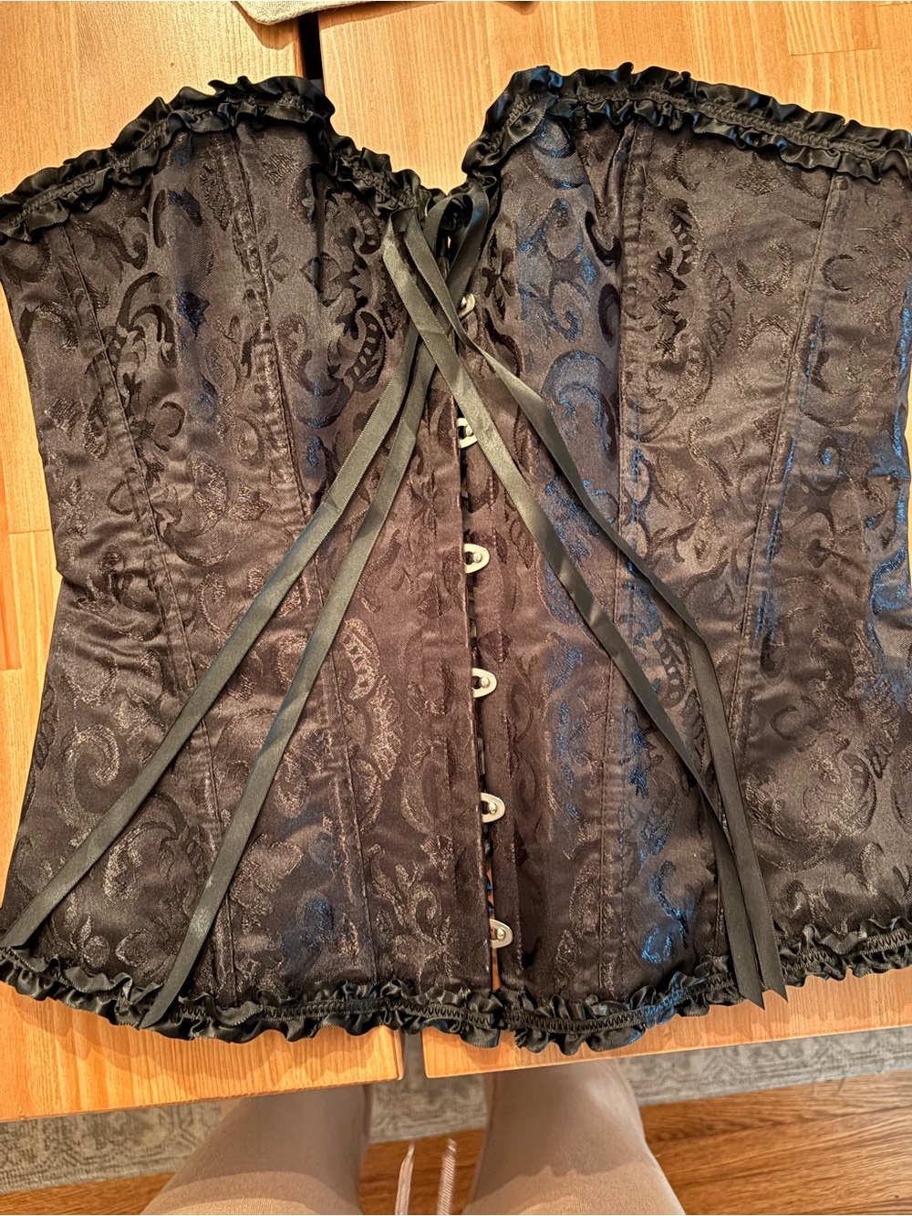 Black Brocade Lace-Up Corset Bustier with Ruffle Trim